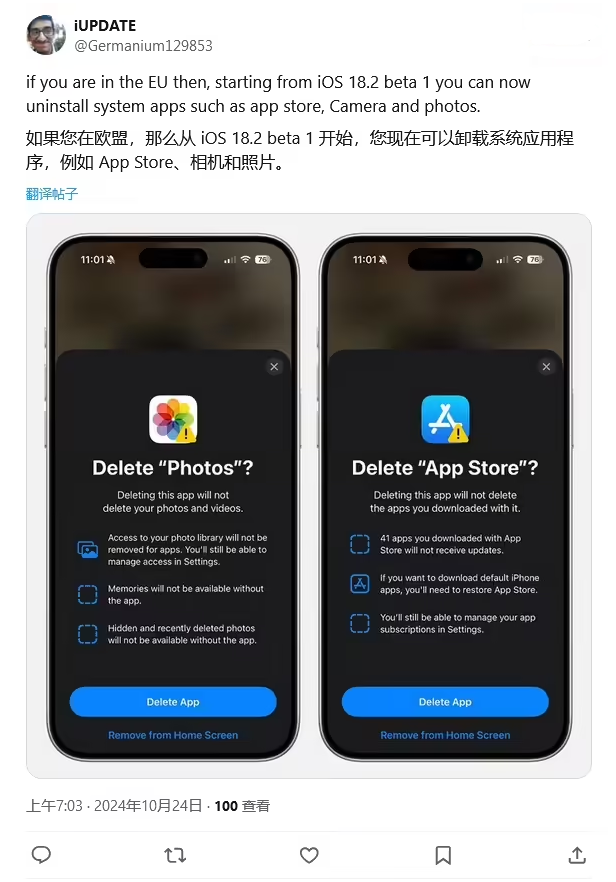 龙山苹果手机维修分享iOS 18.2 支持删除 App Store 应用商店 