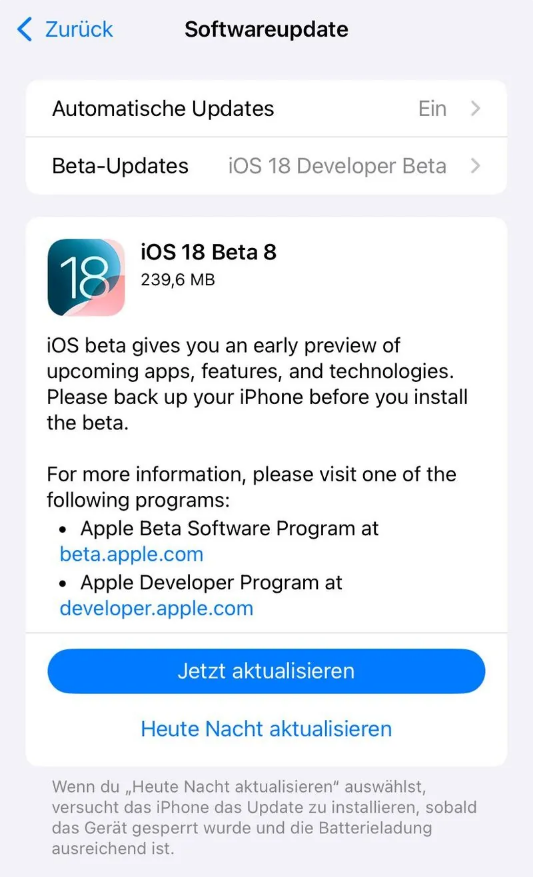 龙山苹果手机维修分享苹果 iOS / iPadOS 18 开发者预览版 Beta 8 发布 